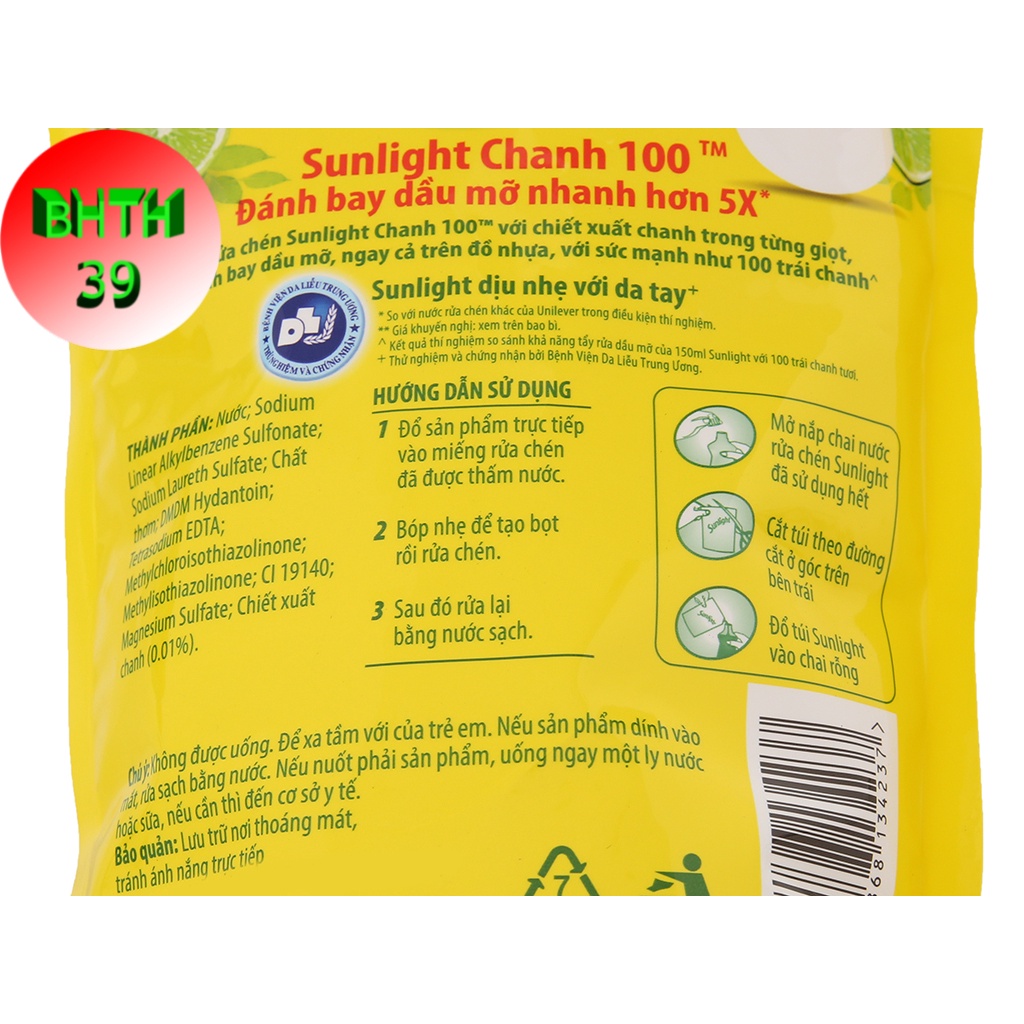 (Hàng đẹp - chính hãng) Nước rửa chén sunlight chanh túi 750g