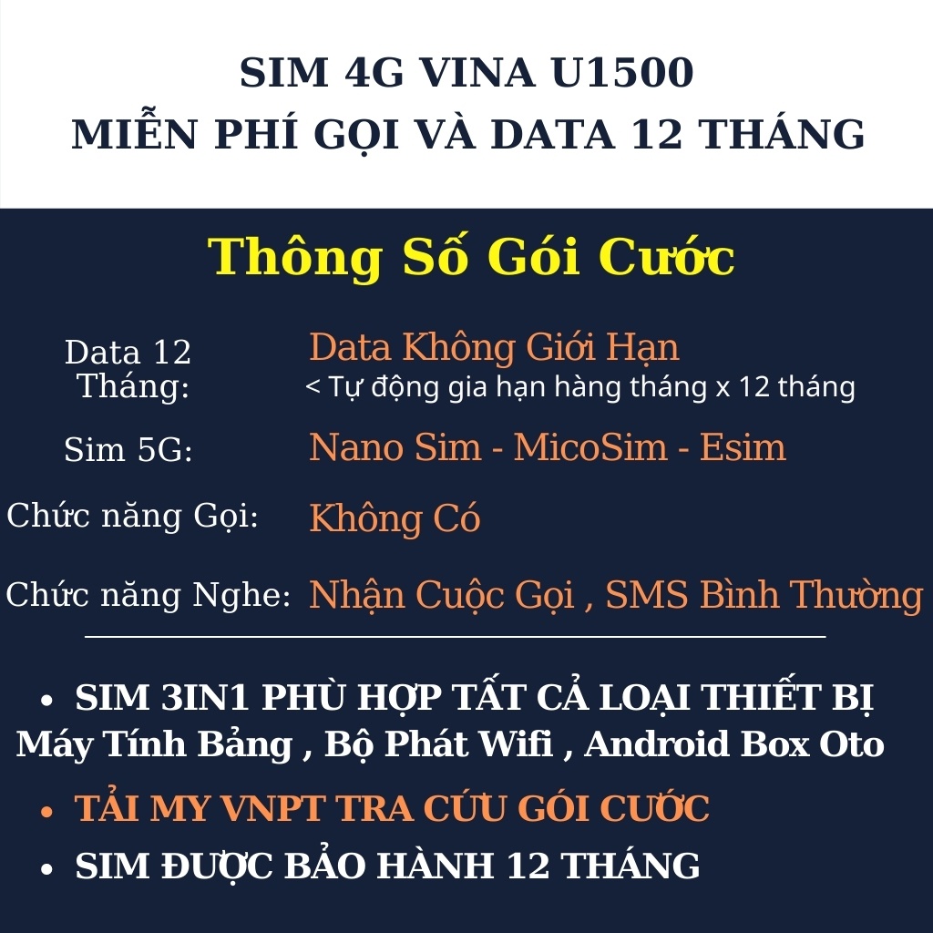 Sim Vina U1500 Miễn Phí Data Không Giới Hạn , Max Băng Thông 12 Tháng