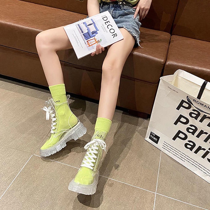 Giày bốt martin đi mưa đế dày trong suốt thoáng khí thắt dây sành điệu cho nữ