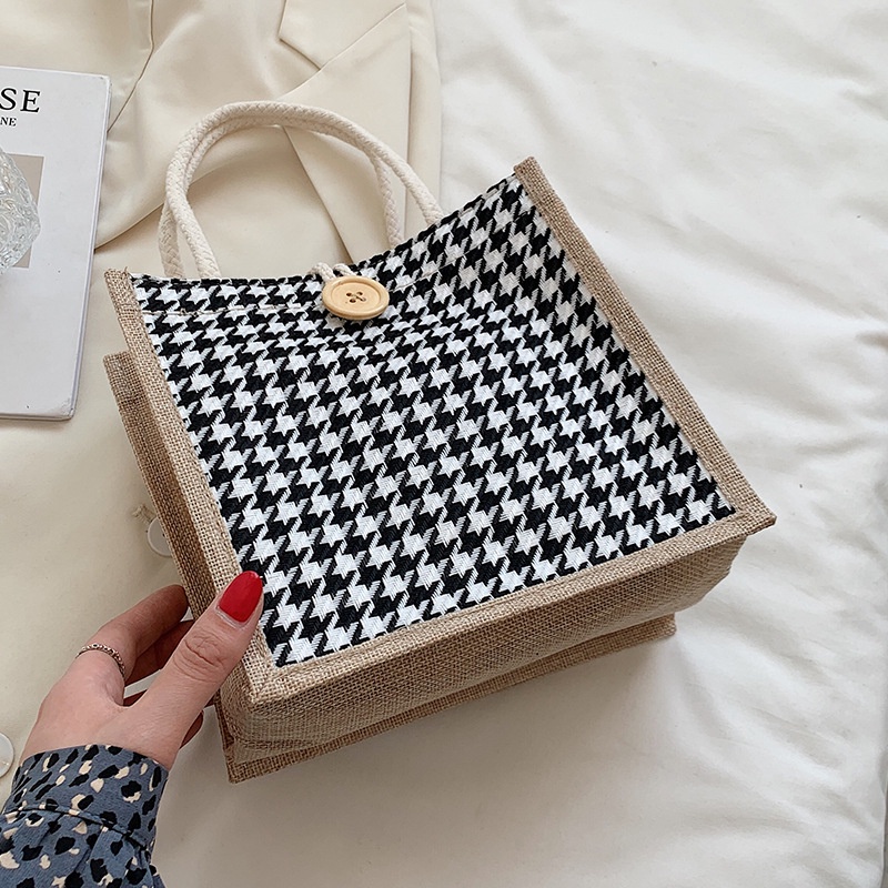 Túi tote trong túi vải lanh nữ hoạ tiết Houndstooth thời trang YM380