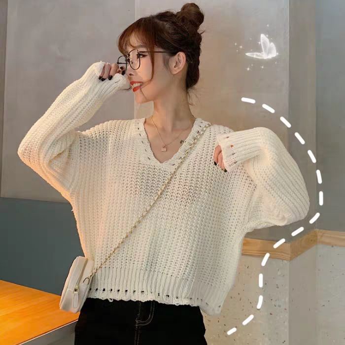 Áo Khoác Sweater Ngắn Dáng Rộng Cổ V Tay Dài Kiểu Hàn Quốc Thời Trang 2022 Cho Bạn Gái