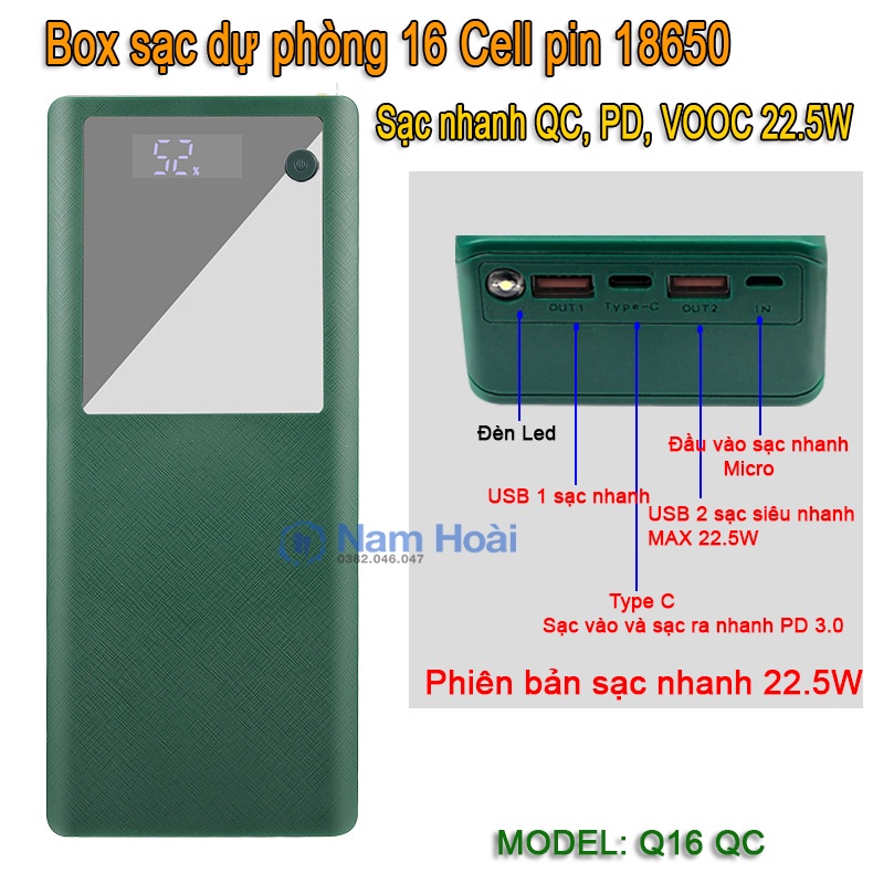 Box sạc dự phòng 16 cell pin 18650 sạc nhanh QC, PD, VOOC 3.0 tháo lắp dể dàng bằng ốc vít