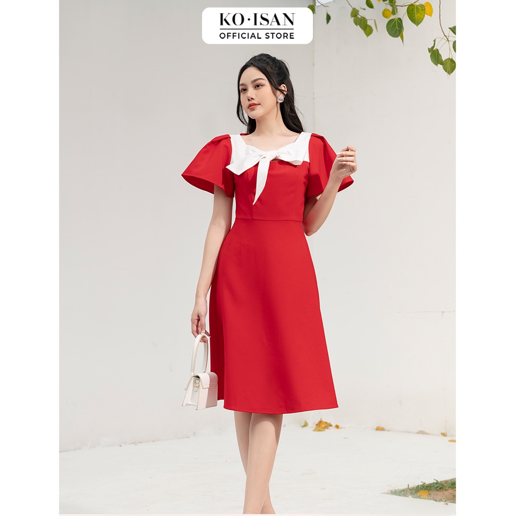 Đầm đỏ noel Tết nữ xòe công sở thiết kế chiết eo cổ vuông phối nơ KOISAN 22056691