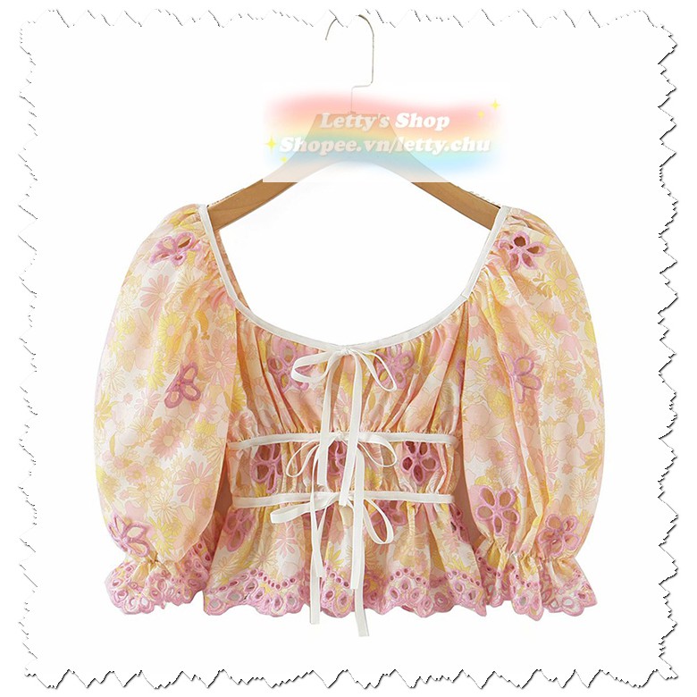 Áo thô hoa viền thêu dập lỗ dáng baby doll. HÀNG TQXK