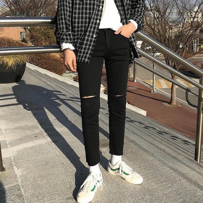 [Tiền Nào Của Đấy]Quần Jeans Nam Rách Gối Màu Đen Vải Co Giãn, Không Phai Màu Dáng Skinny Phong Cách Hàn Quốc -J02 | BigBuy360 - bigbuy360.vn