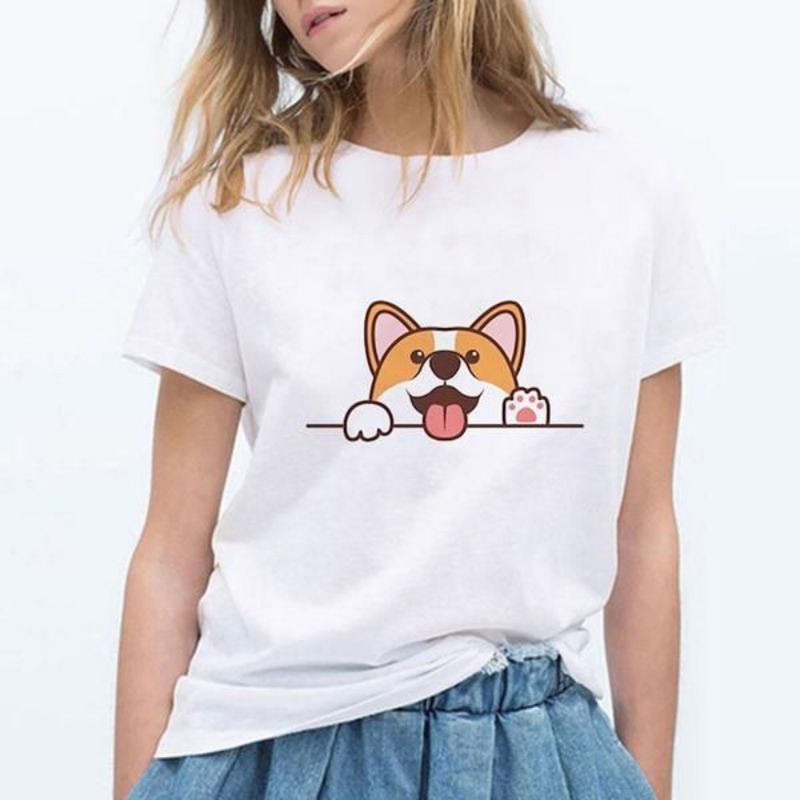 Áo thun thiết kế đơn giản trẻ trung hợp thời trang | Áo thun tay ngắn in hình Corgi Dog Corgi phong cách Hàn Quốc 90s cho nam và nữ