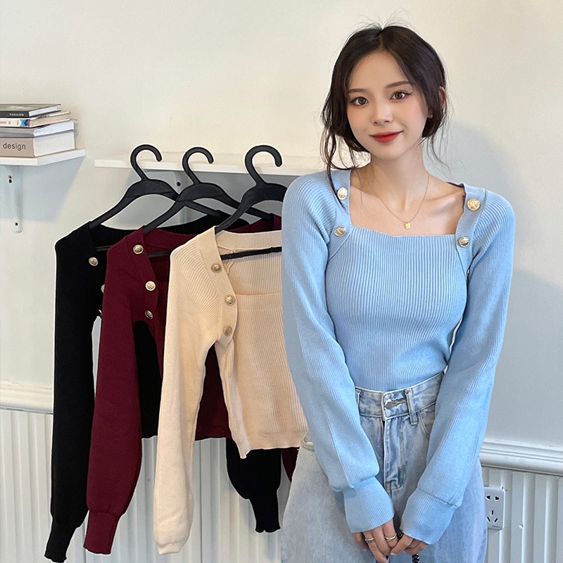 Áo sweater dệt kim ZHELIHANGFEI tay phồng cổ vuông trẻ trung gợi cảm thời trang