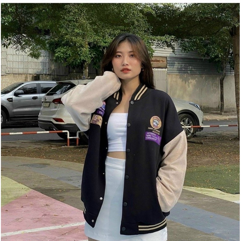 ÁO KHOÁC BÓNG CHÀY BOMBER ĐEN PHỐI TRẮNG SỌC THÊU STICKER KÈM ẢNH THẬT | BigBuy360 - bigbuy360.vn