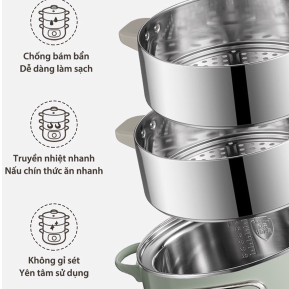 Nồi hấp và nấu lẩu điện đa năng 3 tầng Bear DZG-D80G5 chính hãng, dung tích 10l, công suất 1300, bảo hành 18 tháng