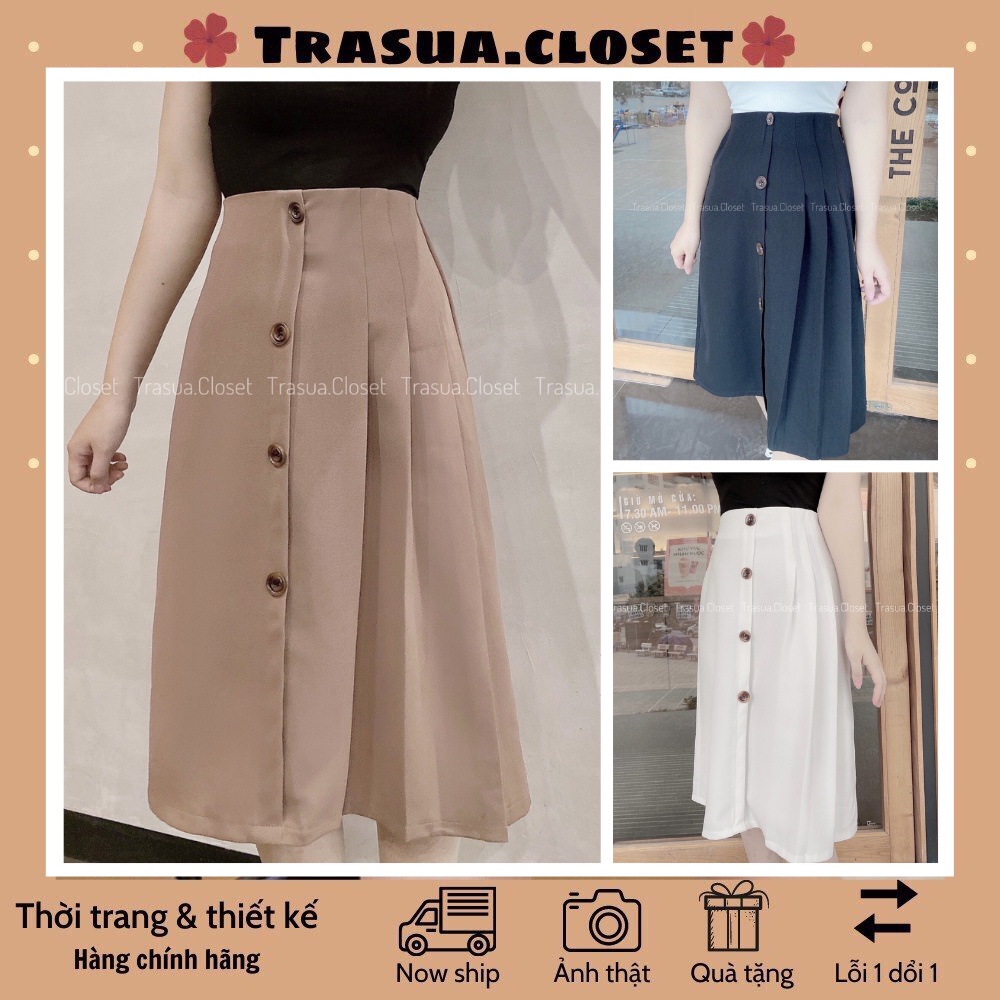 Chân váy dài qua gối xếp ly chuẩn Trà Sữa Closet váy dáng dài công sở hàn quốc đủ size tới 60kg vải đẹp dày dặn TS015