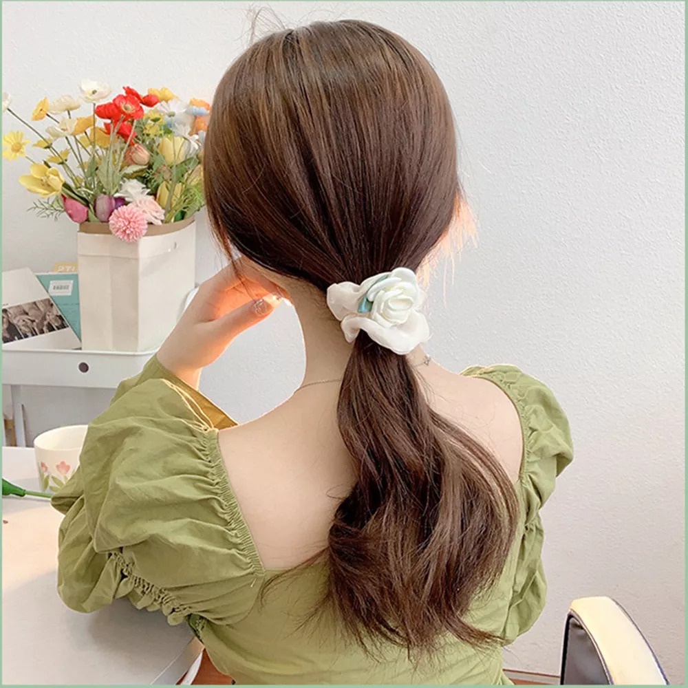 Dây Cột Tóc In Họa Tiết Hoa Hồng Trắng Phong Cách Hàn Quốc Thời Trang Xinh Xắn Cho Nữ