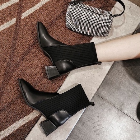 T04D - Giày boots nữ gót vuông 5 cm cổ len chun phối da lỳ sang chảnh, phù hợp đi làm, đi học, dạo phố | BigBuy360 - bigbuy360.vn