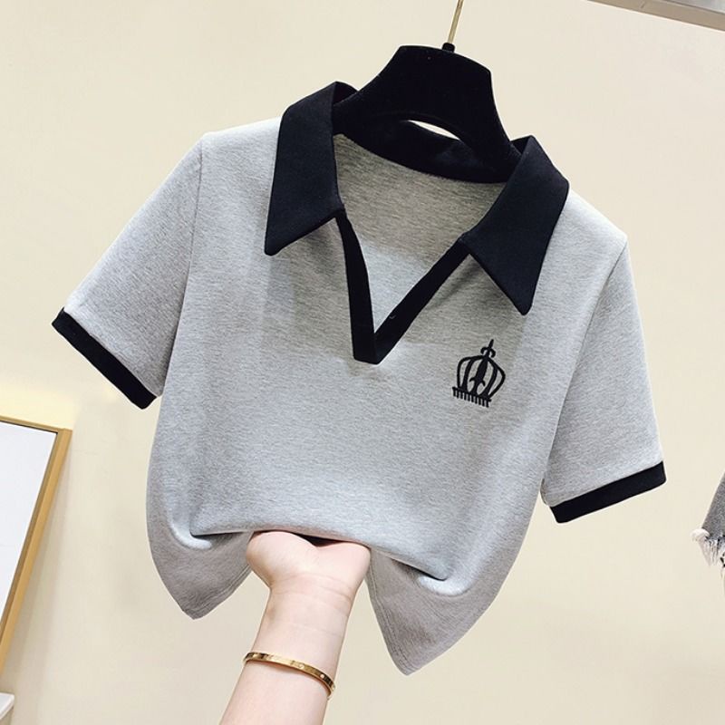 Áo thun polo dáng ngắn cổ V tay ngắn phong cách hè cho nữ