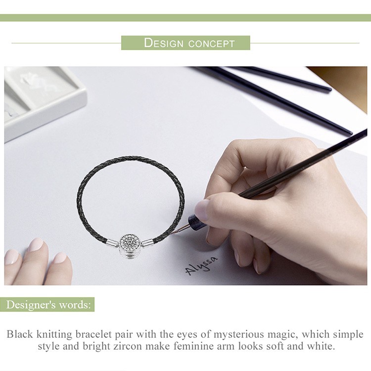 Vòng đeo tay BAMOER bạc 925 dây da bện đính đá zircon mặt mắt quỷ thời trang