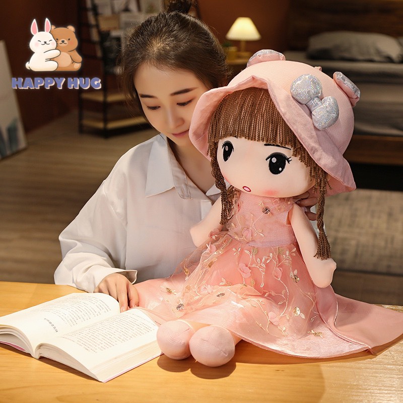 Gấu bông đồ chơi búp bê vải có tóc váy voan đáng yêu cho bé gái Size to 50/70cm - Happy Hug