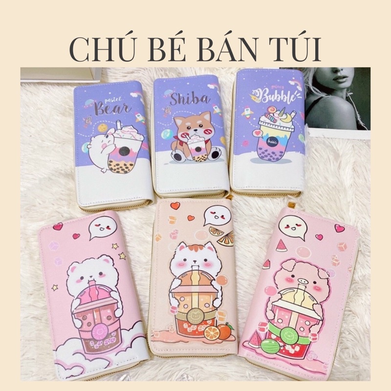 Ví dài đựng thẻ tiền cho nữ hình THÚ CƯNG TRÀ SỮA dễ thương, Ví dài nữ đựng vừa điện thoại