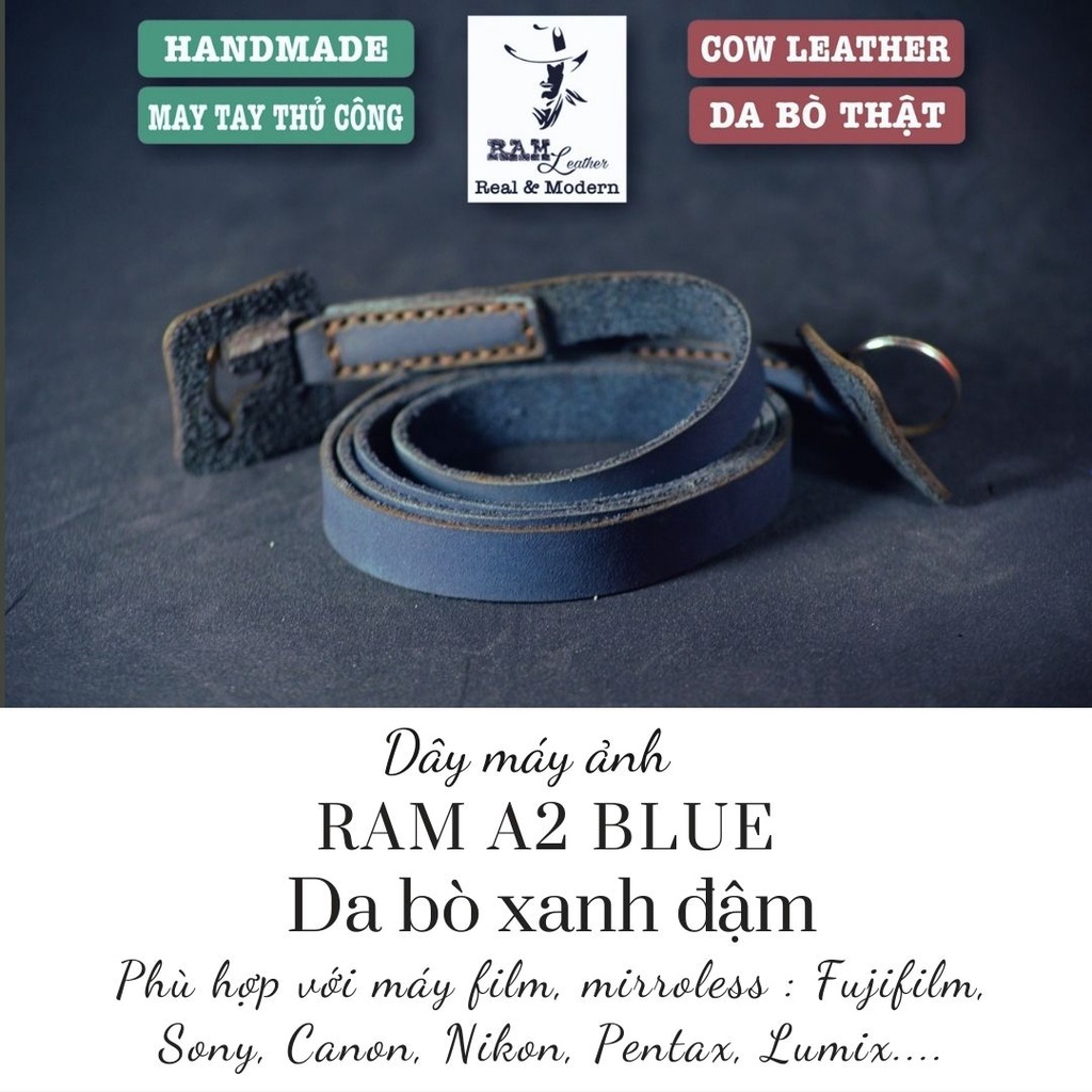 Dây máy ảnh da bò thật handmade bền chắc cực đẹp xanh dương RAM Leather a2
