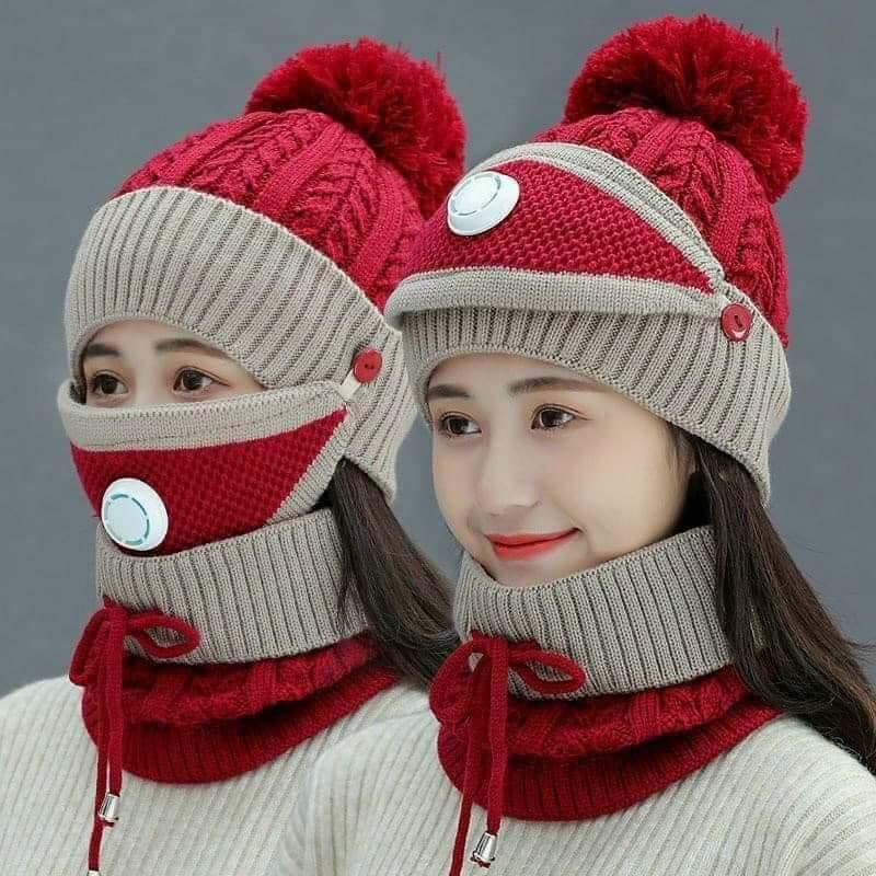 Mũ Len Nam Nữ Trùm Đầu Giữ Ấm Kèm Khăn Ống Và Khẩu Trang Bộ nón len nữ mẫu mới 2020
