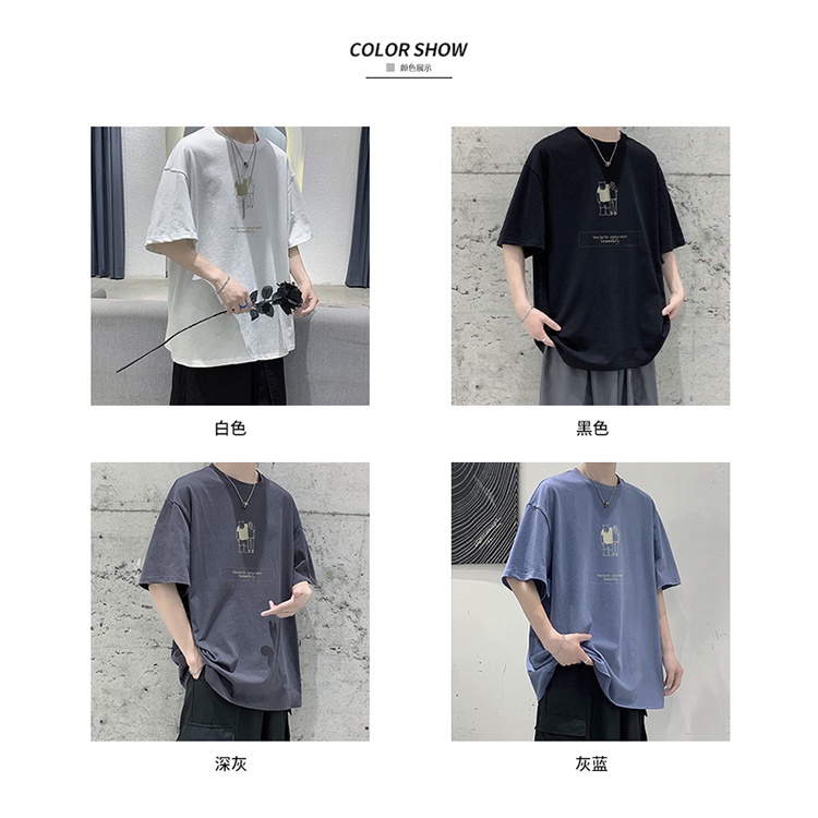 Áo thun cổ tròn tay ngắn in họa tiết hoạt hình phong cách Hàn Quốc dành cho nam