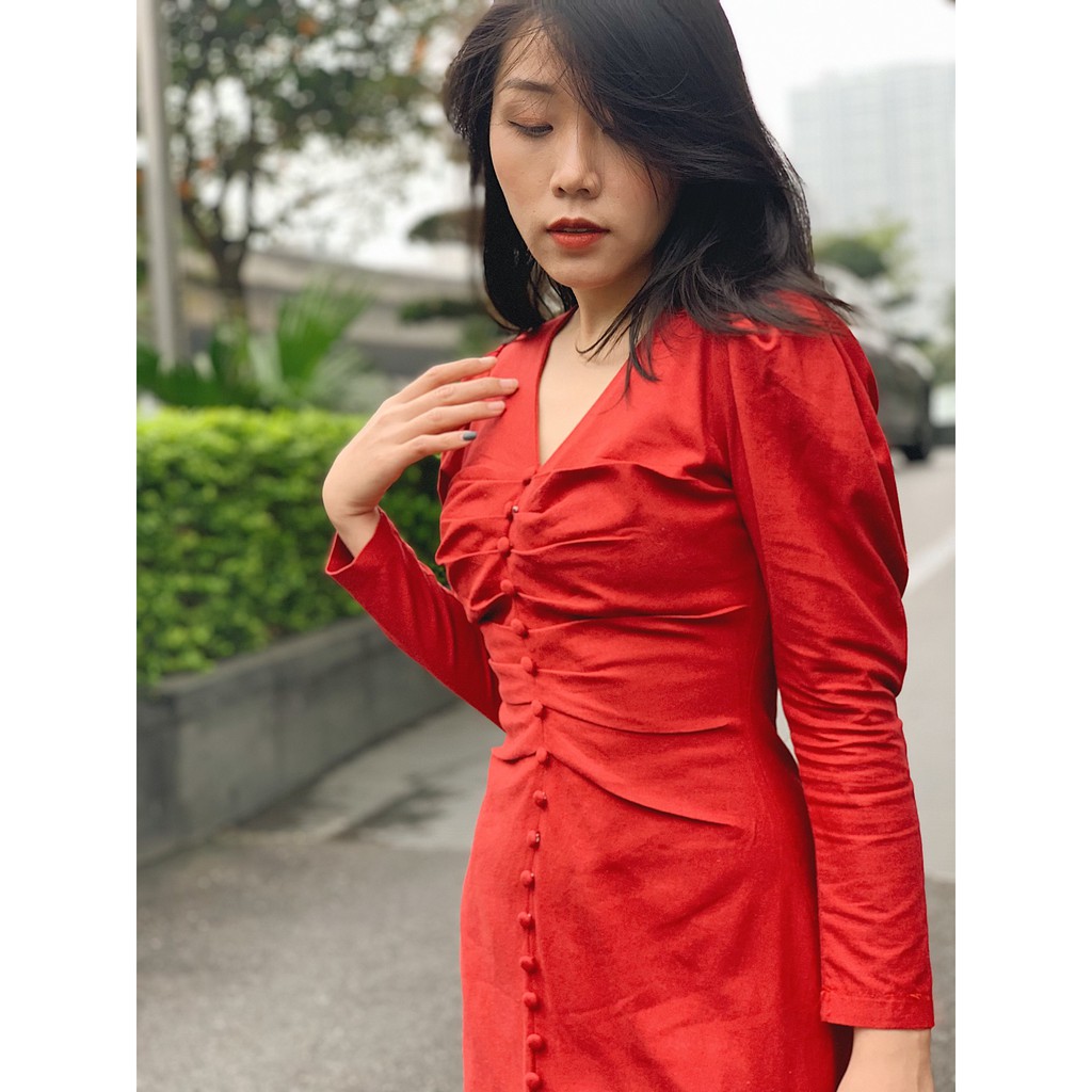 Váy nữ đỏ dáng xòe dài tay nhún ngực siêu xinh mặc đi tiệc và đám cưới