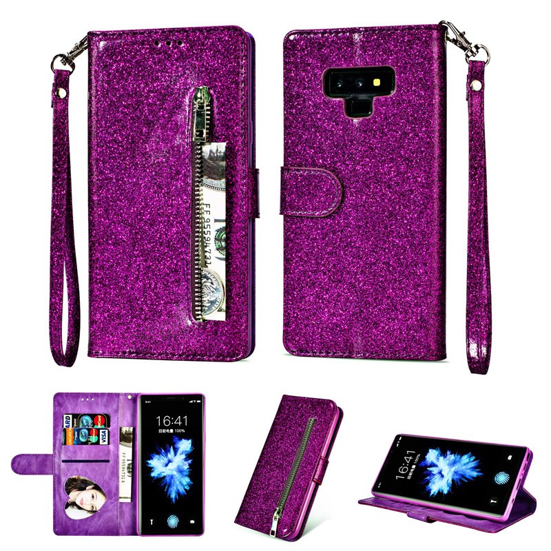 Bao da điện thoại kim tuyến nắp lật có ngăn ví khóa kéo cho Samsung Galaxy Note 9/ Note 8 | BigBuy360 - bigbuy360.vn