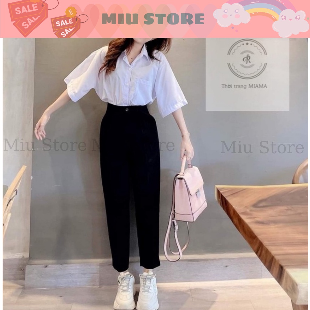 Quần tây nữ lưng cao đi học sinh dáng dài màu xanh đen vải tuyết mưa mềm - Quần vải baggy nữ cạp cao mặc công sở bigsize