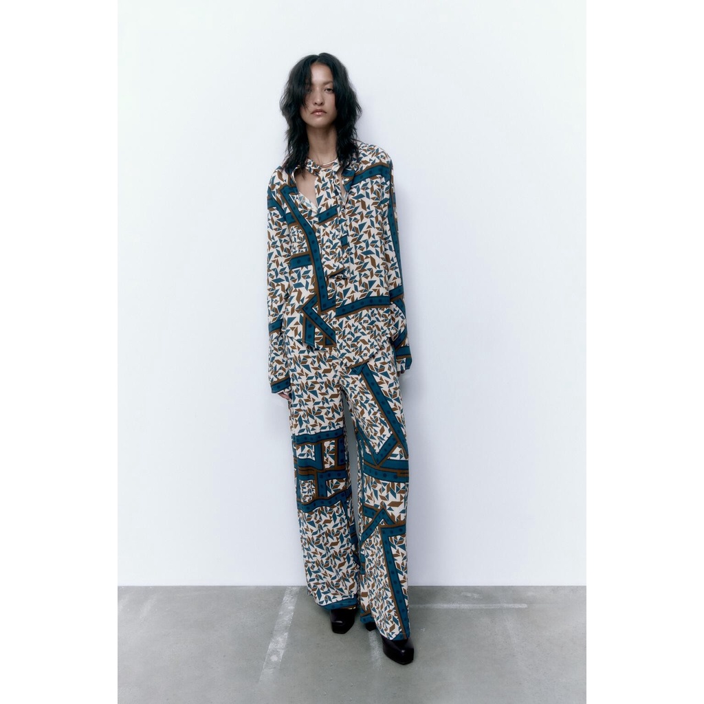 Zara Bộ Áo Sơ Mi In Họa Tiết + Quần Ống Rộng Xinh Xắn Theo Phong Cách Mù 165525 1165524