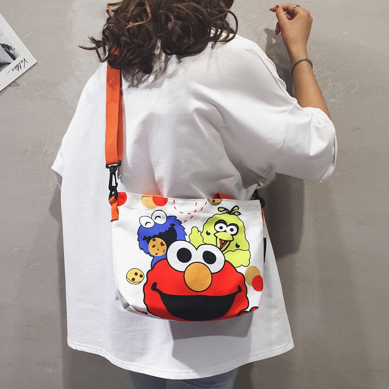 Túi lớn nữ sinh Sesame Street đeo chéo kiểu mới vai bằng vải hoạt hình xách kết hợp tất cả các loại