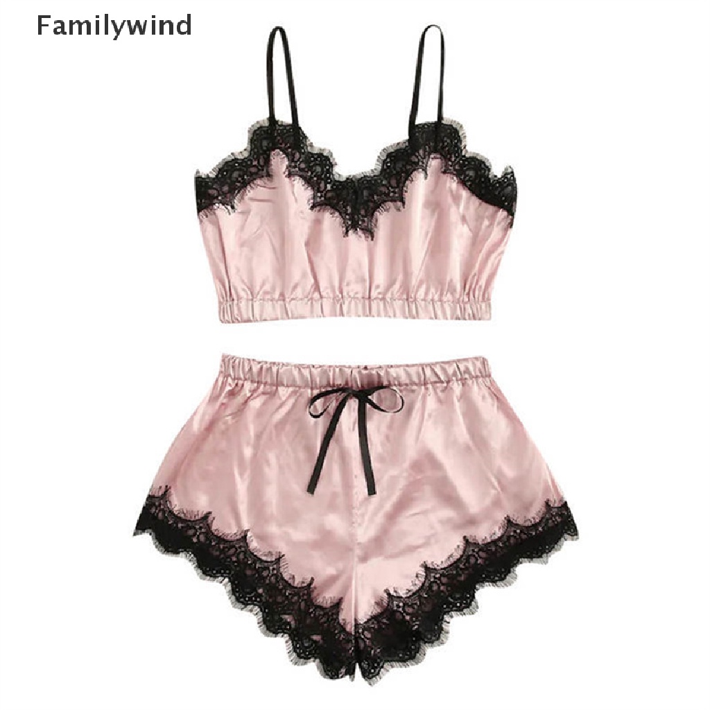 Bộ đồ ngủ áo hai dây và quần ngắn bàng satin viền ren quyến rũ thu hút cho nữ