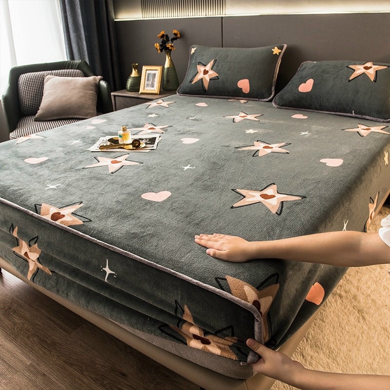 Bộ ga và 2 vỏ gối nỉ nhung tuyết hoạ tiết 3D mềm mịn dễ thương | BigBuy360 - bigbuy360.vn