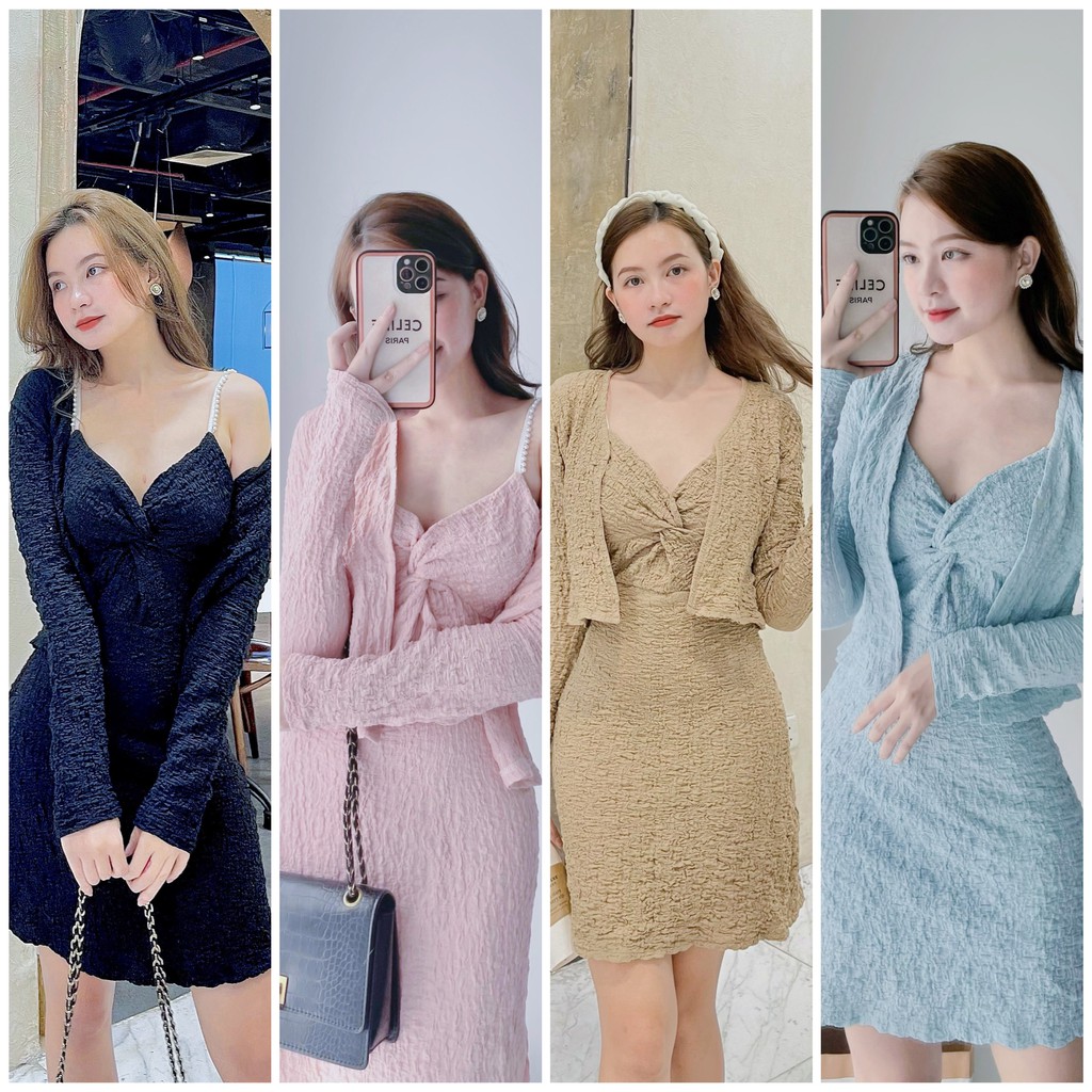 SET ĐẦM 2 DÂY XOĂN NGỰC + KHOÁC CROPTOP