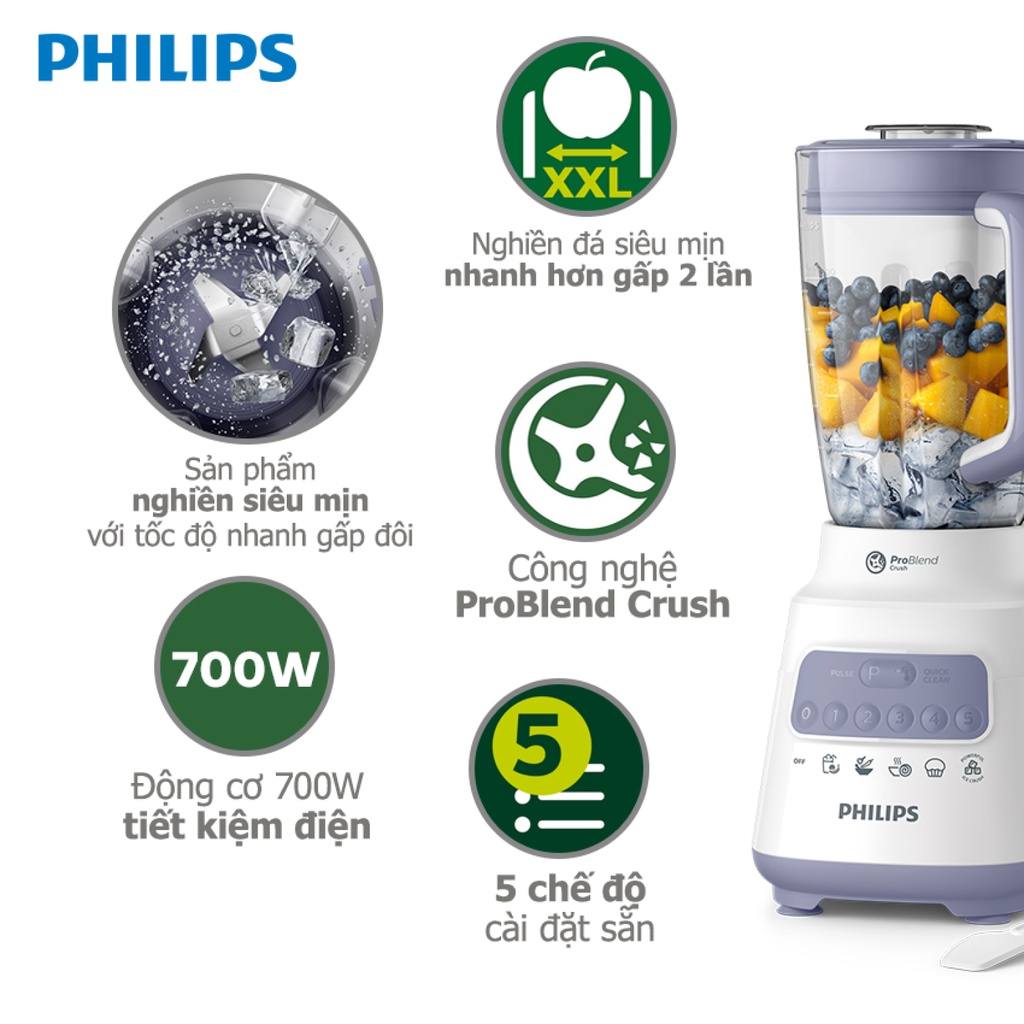 Máy xay sinh tố Philips HR2221/00 - 700W Xay Mịn Đá, Hàng Chính Hãng - Bh 2 năm
