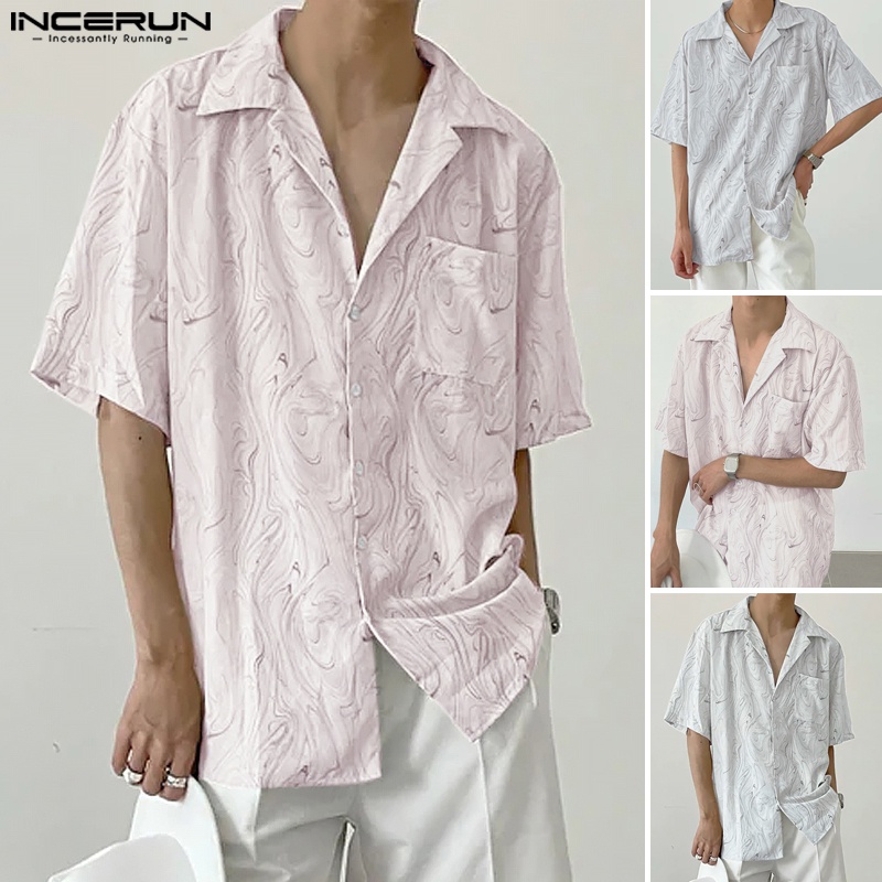 Áo sơ mi INCERUN nam tay ngắn dáng rộng họa tiết sọc thời trang cá tính
