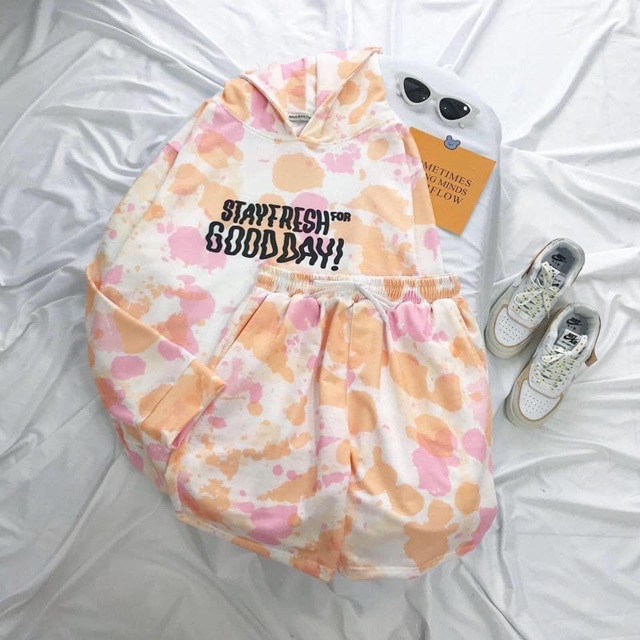 Set Hoodie Loang Màu Đùi Chữ Phản Quang/Cartoon Suit Phản Quang Ảnh Thật