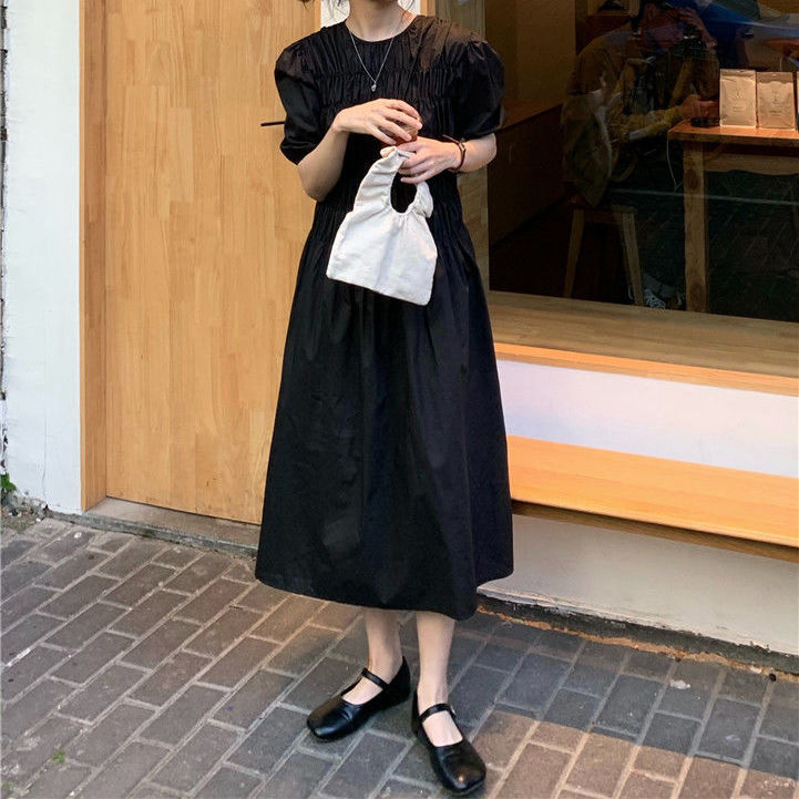 Đầm tay ngắn cổ tròn dáng ôm màu sắc đơn giản trẻ trung phong cách nhật bản