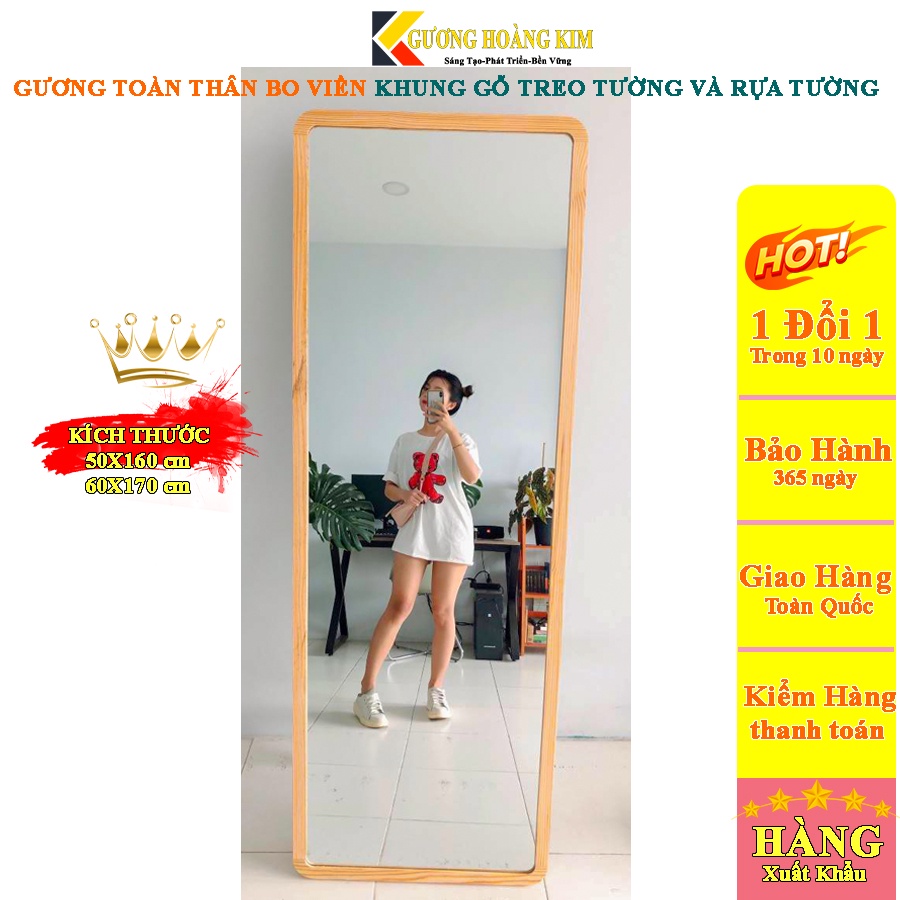 Gương đèn led soi toàn thân khung gỗ bo viền có chân di động dựa tường treo tường giá rẻ guonghoangkim mirror