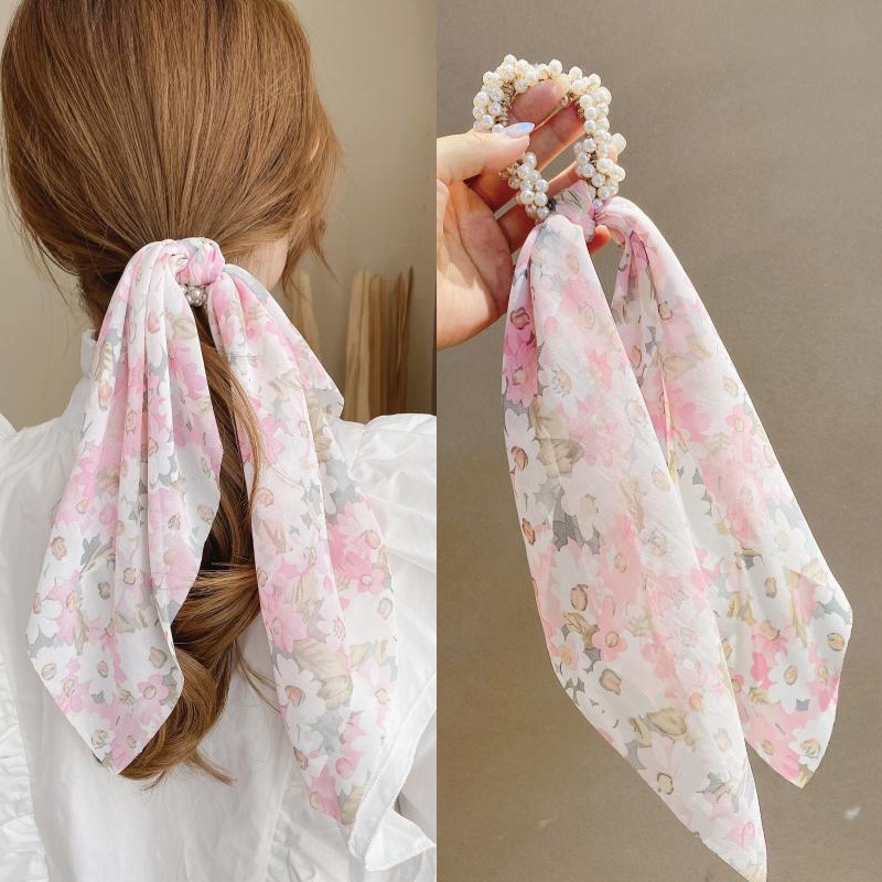 Dây Buộc Tóc Ruy Băng Đính Ngọc Trai Giả In Họa Tiết Mới Cho Nữ
