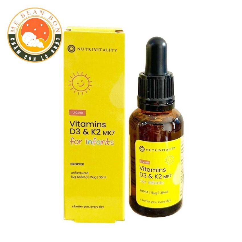 Vitamin d3 k2 mk7 Nutrivitality 30ml Anh Quốc cho bé từ sơ sinh giúp hấp thụ canxi phát triển chiều cao - mẹ bean bon