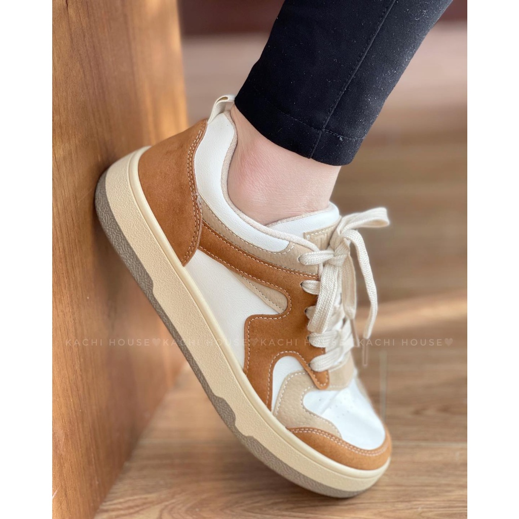 Giày thể thao sneaker nữ đế độn da lộn phối nâu mẫu A32 – Kachi House
