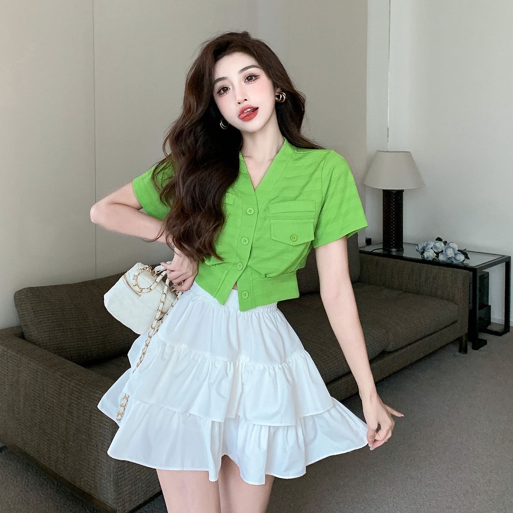 Jiashucheng Bộ Áo Tay Phồng Cổ Chữ V Trễ Vai + Chân Váy Xếp Tầng Lưng Cao Thời Trang Cho Nữ