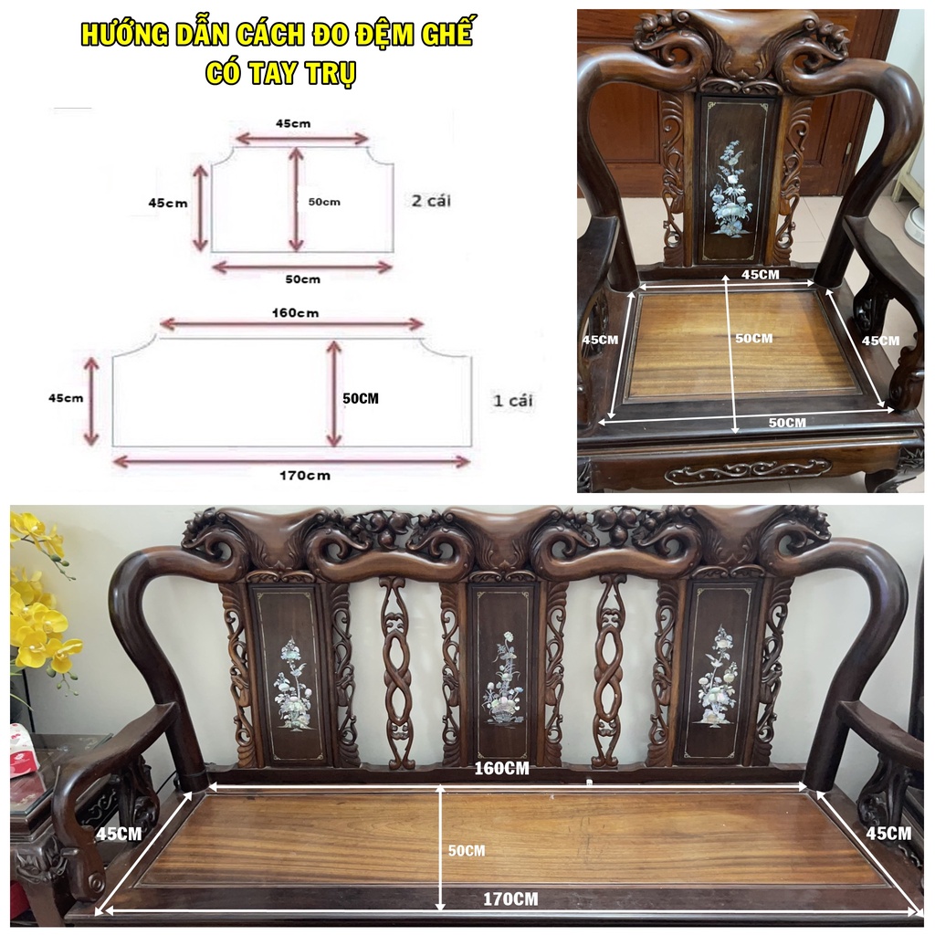 Đệm trải Ghế Gỗ, trường kỷ, sofa Thảm Trải Ghế ( Ruột Đệm Cao Su Đàn Hồi ) Trang Trí Tết Siêu Đẹp ( Bộ 1 dài 2 ngắn )