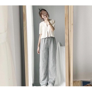 🔅Set Quần Suông Xám Trơn + Crop DK Trắng