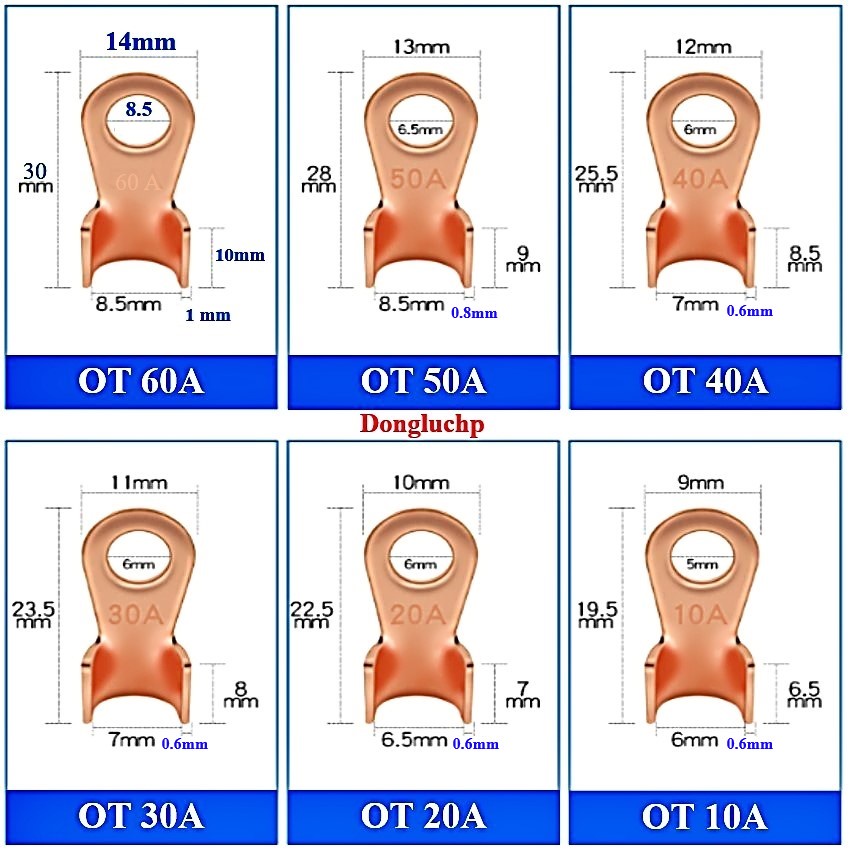 Đầu cos đồng đỏ, đầu cốt bấm dây điện nối bình ắc quy xe đạp điện, xe máy, cosse (cót) OT-40A-50A