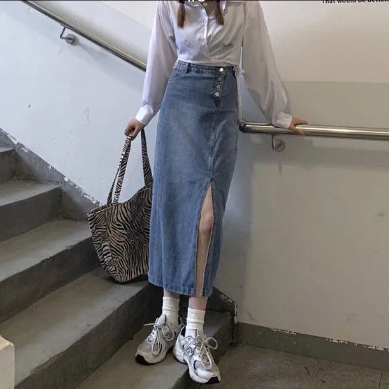 Chân váy jean dáng dài lưng cao thiết kế xẻ tà thời trang dành cho nữ
