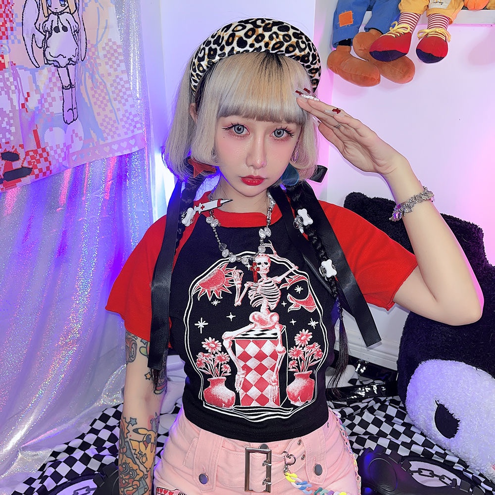 Áo thun croptop MMIOT Y2K tay ngắn in họa tiết đầu lâu phong cách harajuku Hàn Quốc thời trang 2023 cho nữ