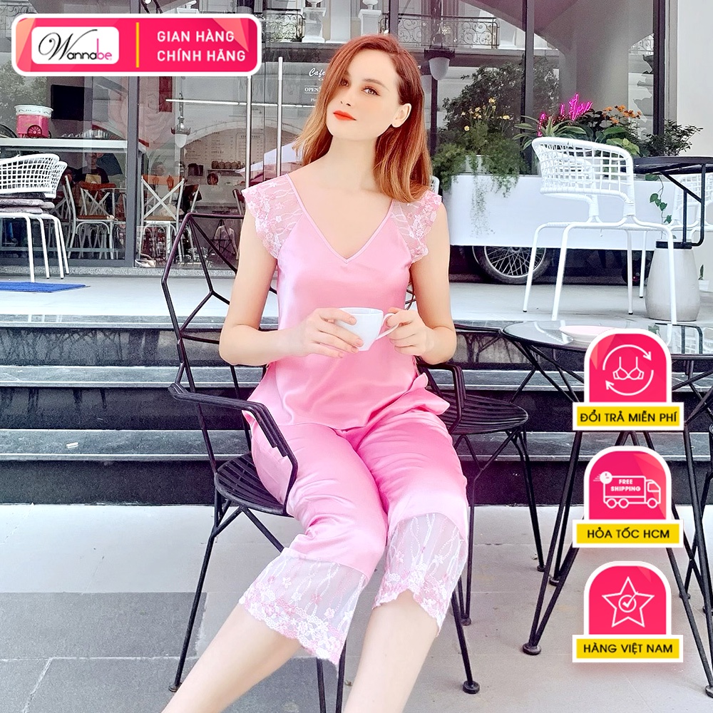 Đồ bộ mặc nhà phi lụa Wannabe bộ dài bds06 phối ren hoa tay áo nhẹ nhàng quý phái