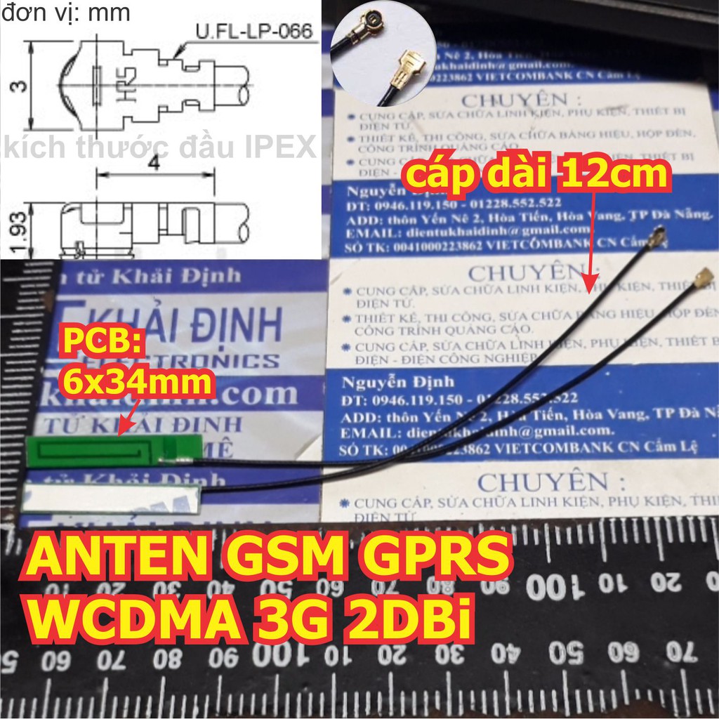 3 cái ANTEN GSM GPRS WCDMA 3G 2DBi, cổng IPEX, pcb: 6x34mm, DÂY DÀI 12cm kde5353
