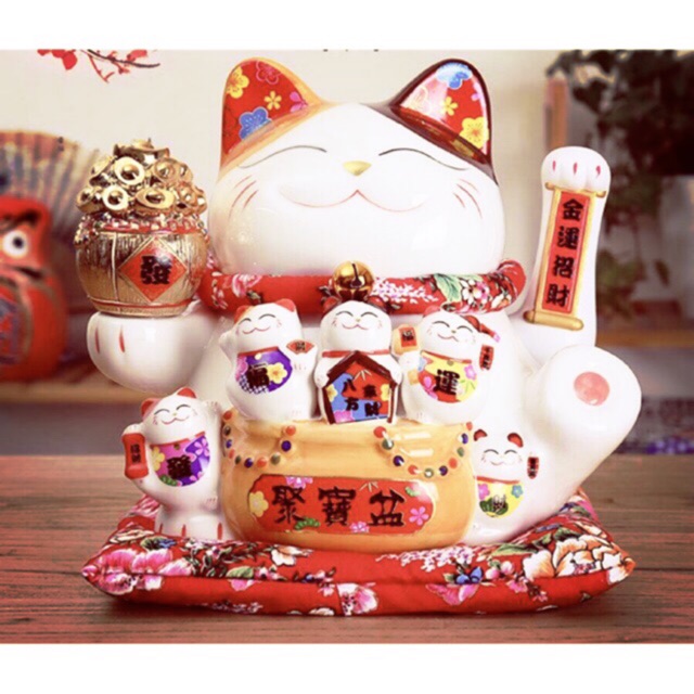 Mèo Thần Tài Sứ , Mèo May Mắn Maneki Neko 29cm . Vẩy Tay Gọi Khách BÁT PHƯƠNG KHAI TÀI