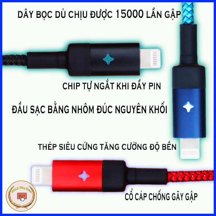 Dây Cáp Sạc iphone Tự Ngắt Khi Đầy Pin - Có Đèn Led - Chính hãng E-Com - Bọc dù chống đứt