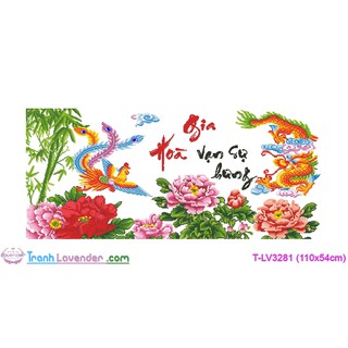 [T-LV3281]Tranh thêu chữ thập Thư pháp Gia Hòa Vạn Sự Hưng (Long Phượng) (110x54cm)